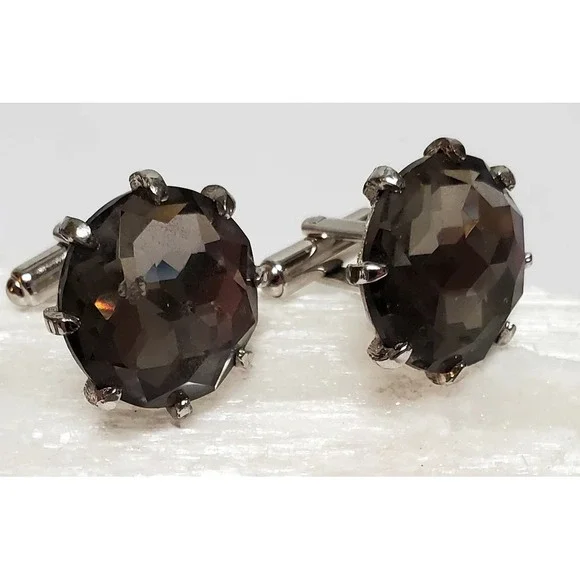 VTG Cuff Links Smoky Gray Crystal Stones Prong Set Faceted Shiny .75" Size Round - Picture 9 of 10
